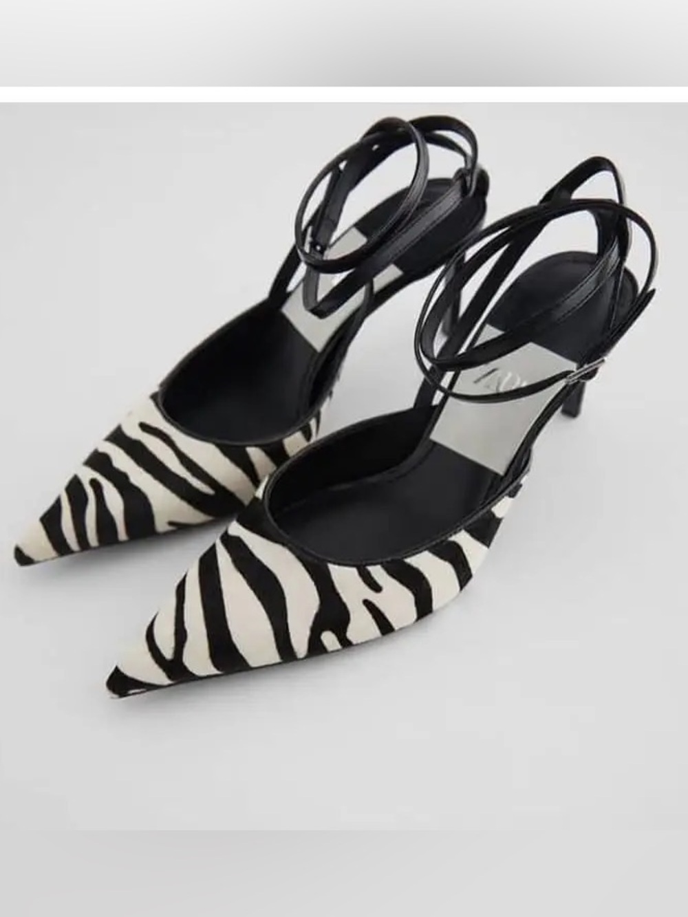 NEW. Zara Zebra Leather Calf Hair Pointed Toe Wrap Slingbacks. NWT